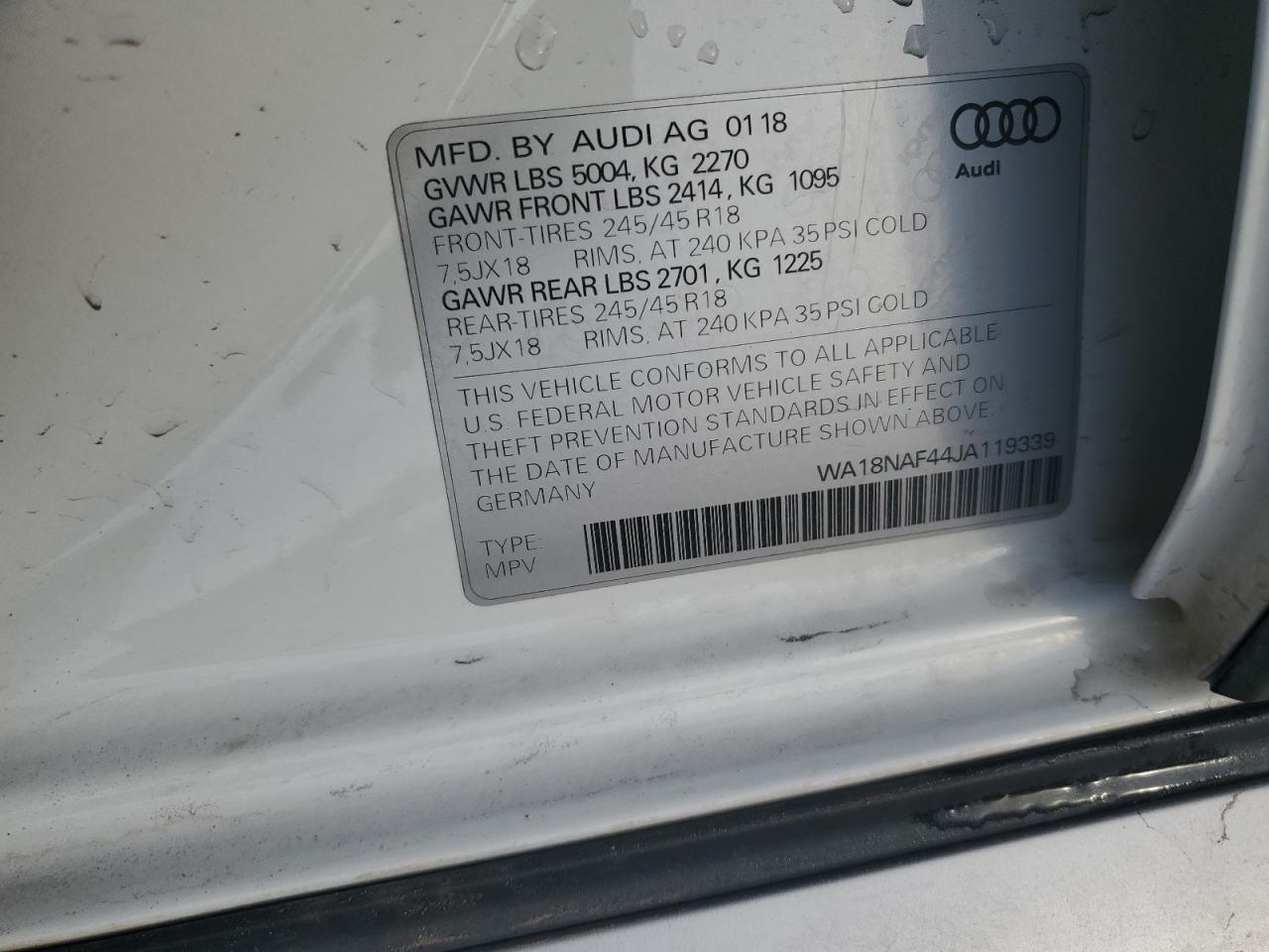 2018 Audi A4 VIN WA18NAF44JA119339 Copart auction photo, front end damage thumbnail 12