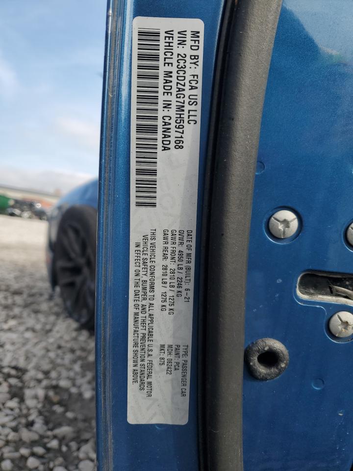 2021 Dodge Challenger VIN 2C3CDZAG7MH597168 Copart auction photo, side damage thumbnail 14