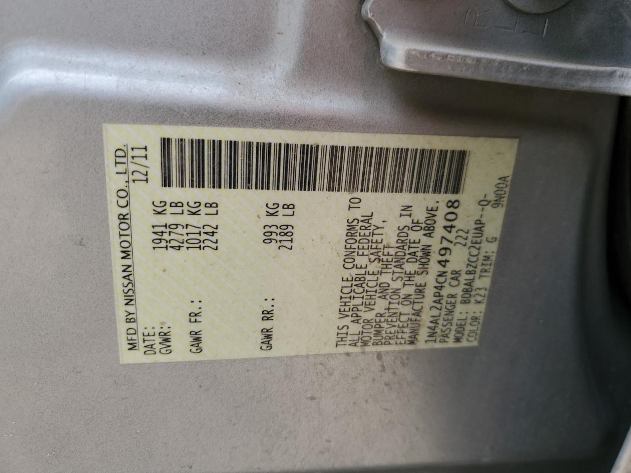 2012 Nissan Altima VIN 1N4AL2AP4CN497408 Copart auction photo, front end / minor dent/scratches damage thumbnail 12