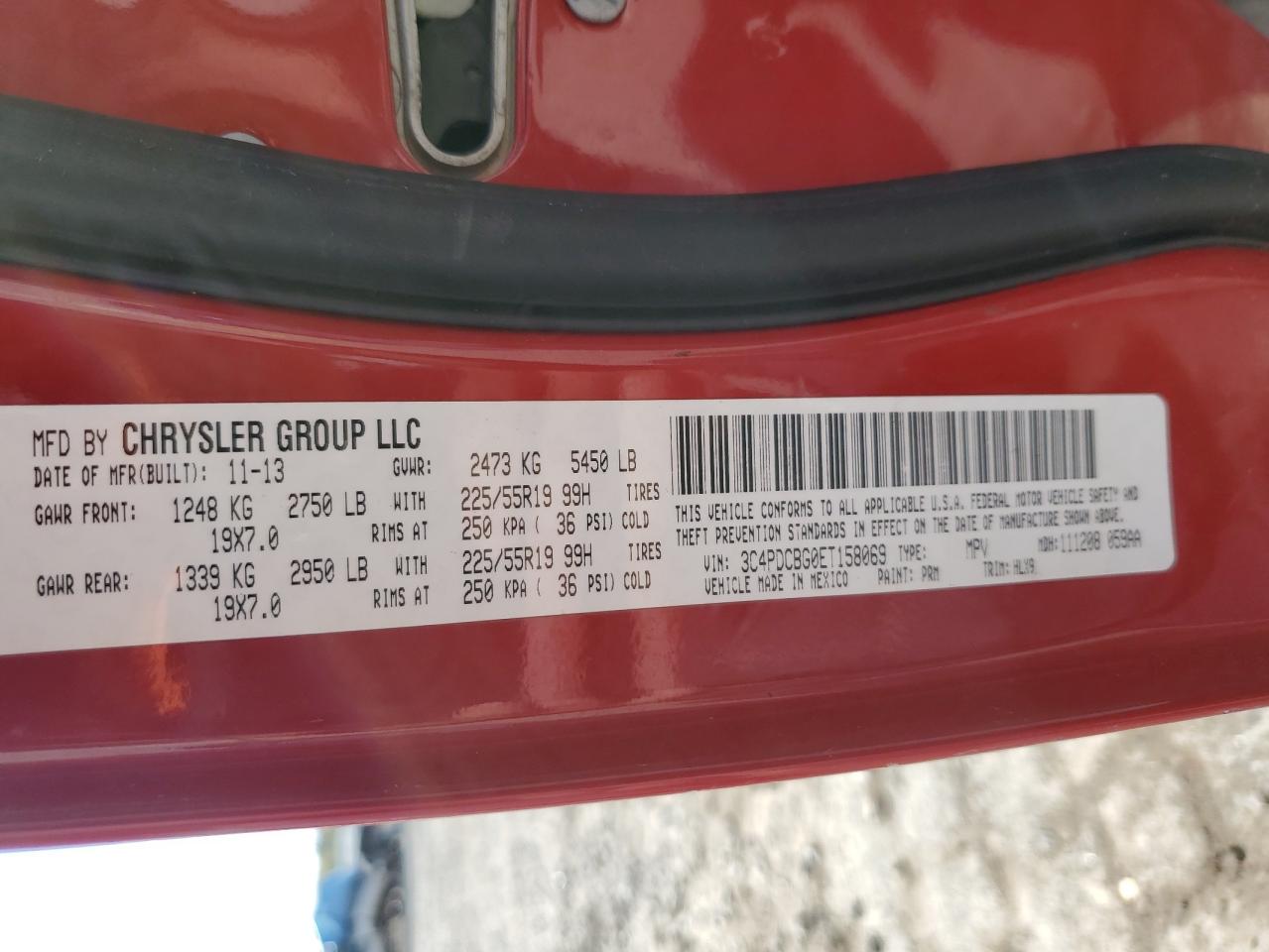 2014 Dodge Journey VIN 3C4PDCBG0ET158069 Copart auction photo, rear end / front end damage thumbnail 13