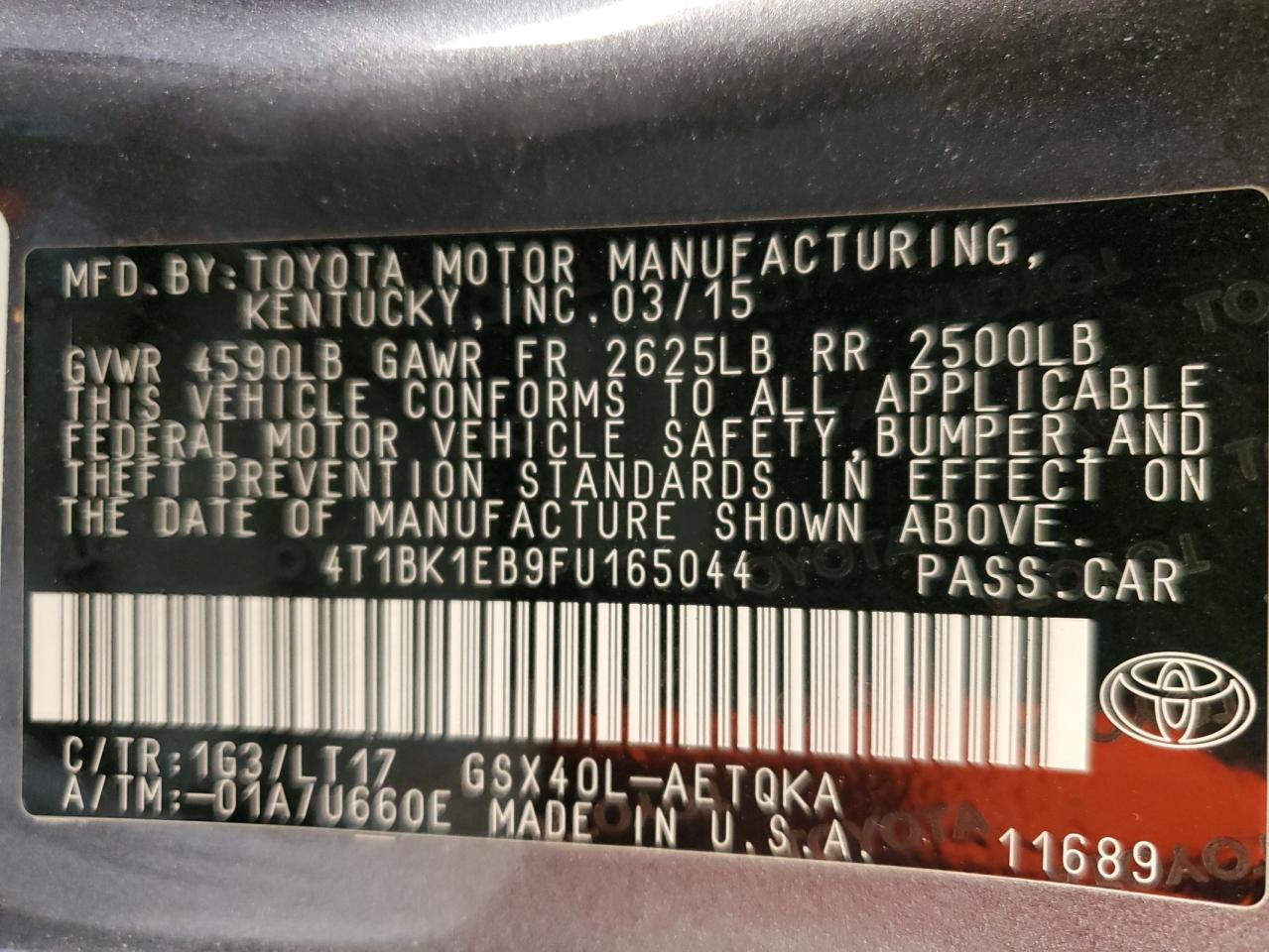 2015 Toyota Avalon VIN 4T1BK1EB9FU165044 Copart auction photo, front end damage thumbnail 12