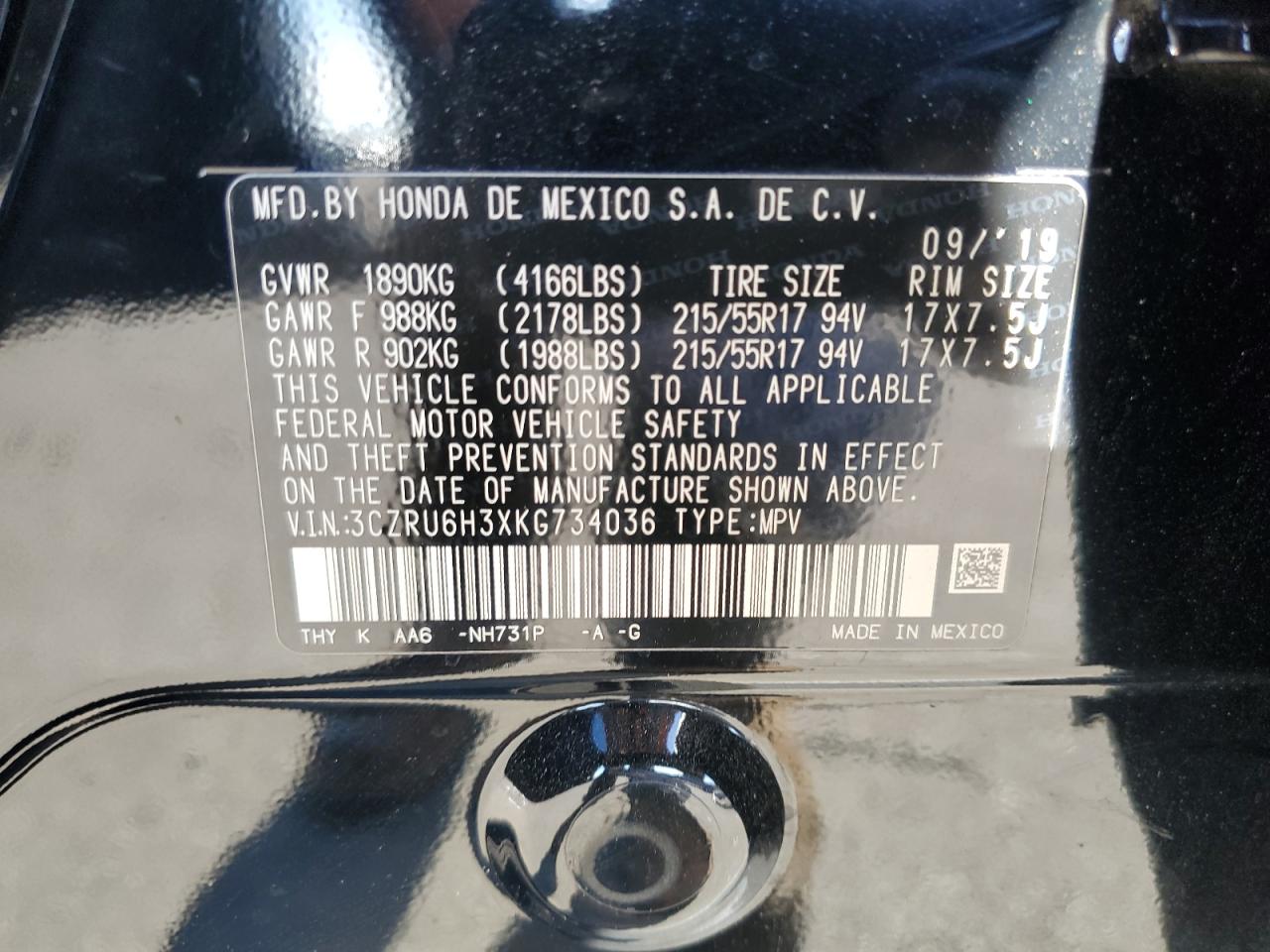 2019 Honda HR-V VIN 3CZRU6H3XKG734036 Copart auction photo, front end / side damage thumbnail 16