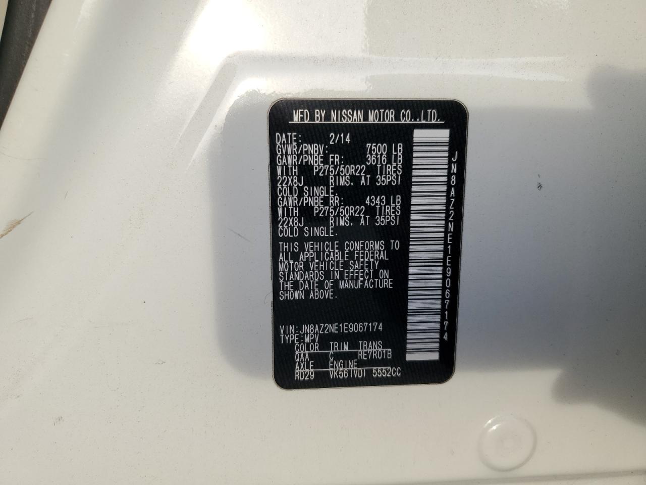 2014 Infiniti QX80 VIN JN8AZ2NE1E9067174 Copart auction photo, front end damage thumbnail 14