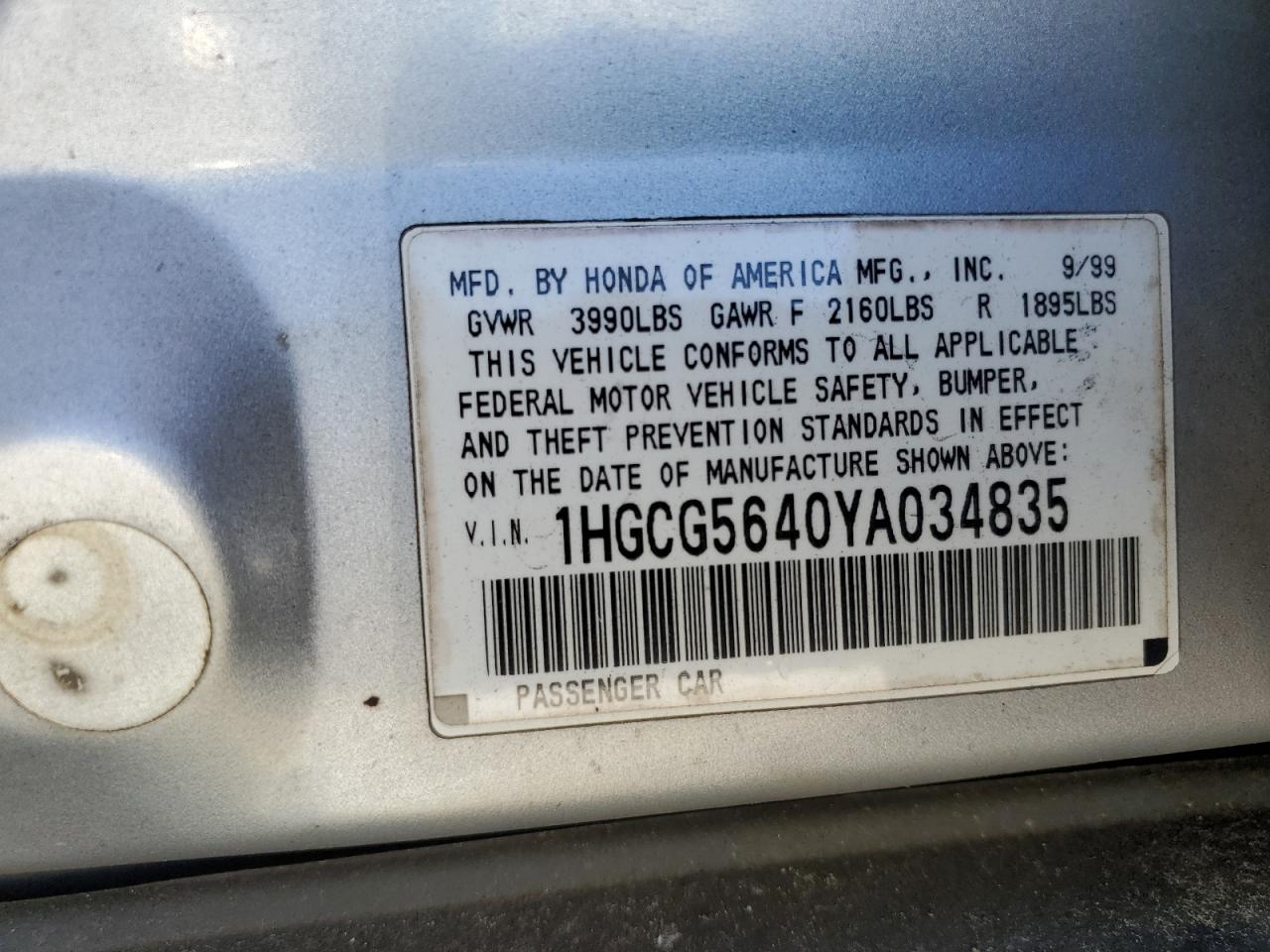 2000 Honda Accord VIN 1HGCG5640YA034835 Copart auction photo, front end / side damage thumbnail 12