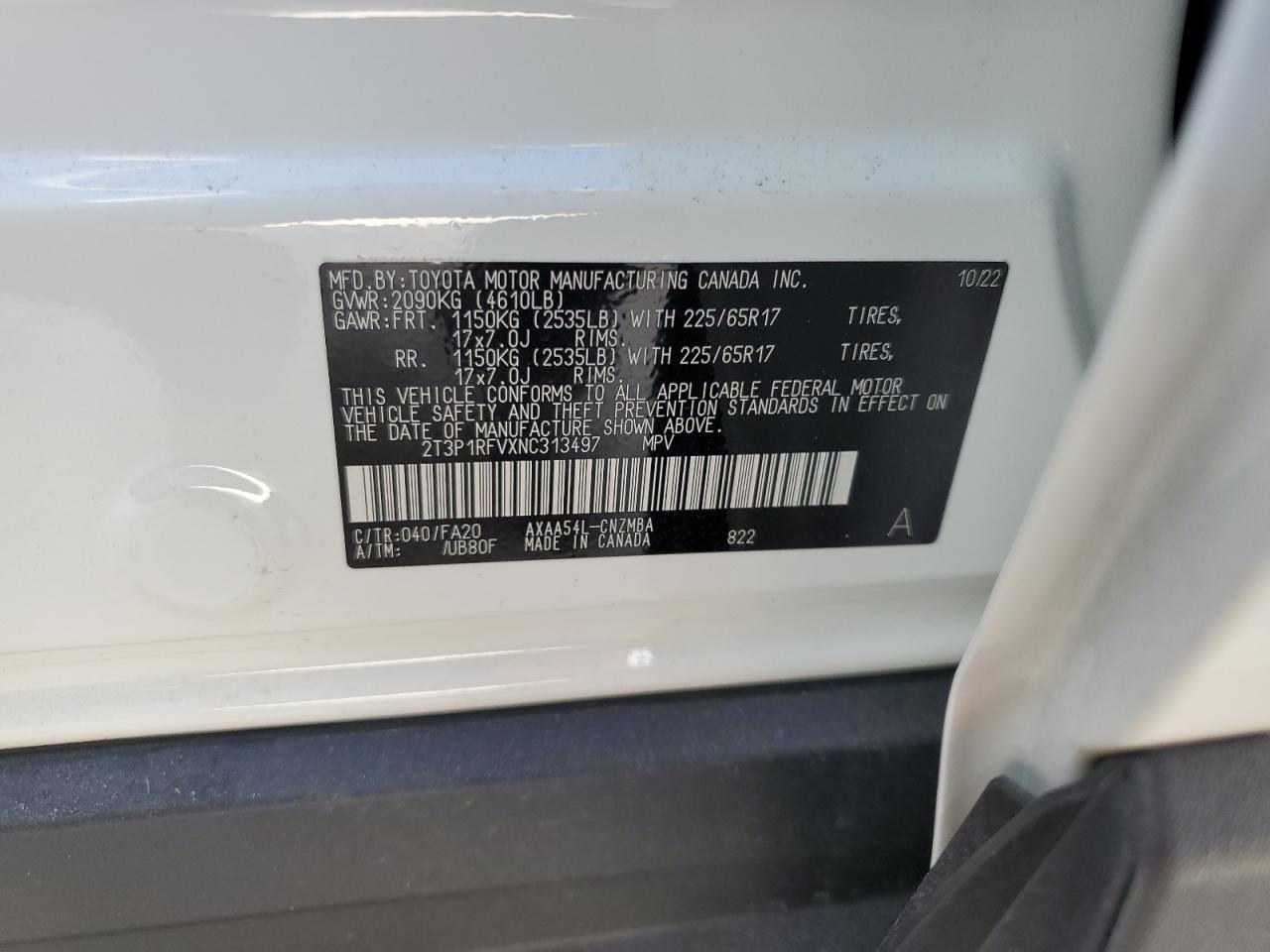 2022 Toyota RAV 4 VIN 2T3P1RFVXNC313497 Copart auction photo, water/flood / minor dent/scratches damage thumbnail 13