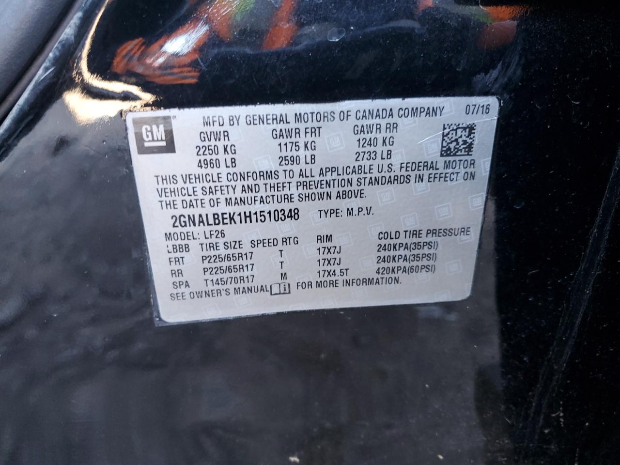 2017 Chevrolet Equinox VIN 2GNALBEK1H1510348 Copart auction photo, front end / side damage thumbnail 14