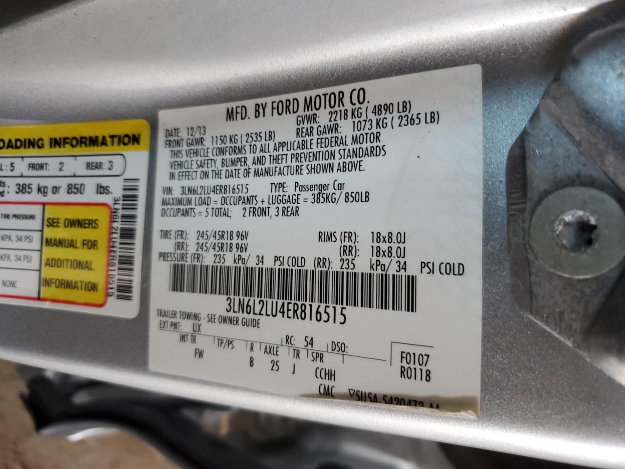 2014 Lincoln MKZ VIN 3LN6L2LU4ER816515 Copart auction photo, front end / rear end damage thumbnail 14