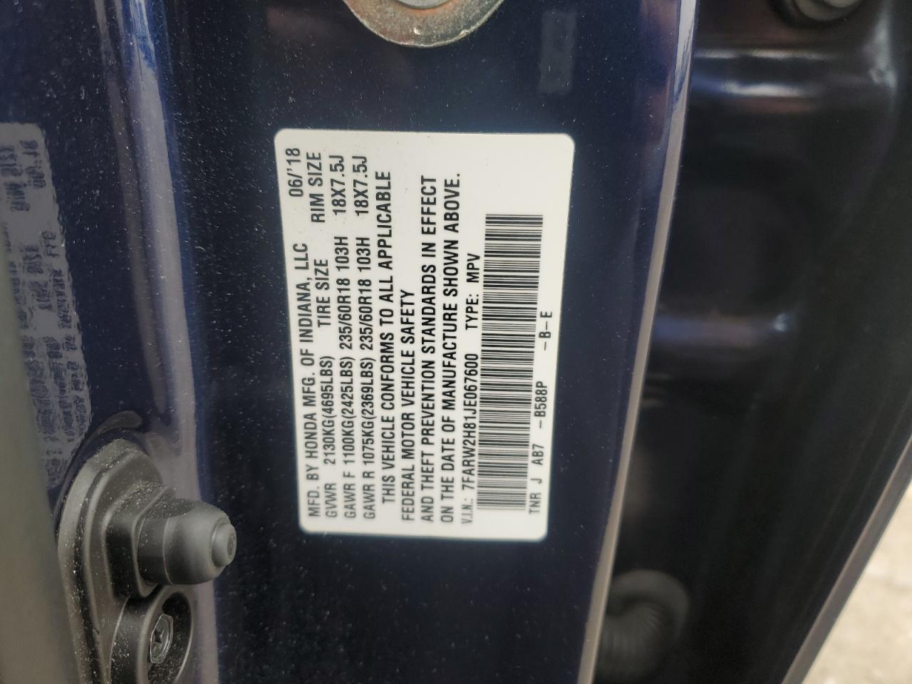 2018 Honda CR-V VIN 7FARW2H81JE067600 Copart auction photo, side / front end damage thumbnail 13