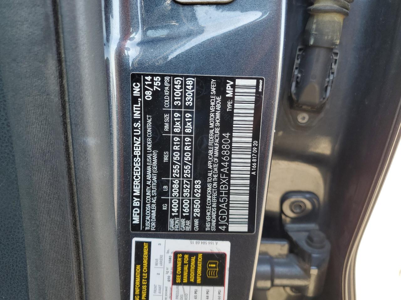 2015 Mercedes-Benz M-klasse VIN 4JGDA5HBXFA468804 Copart auction photo, front end damage thumbnail 14