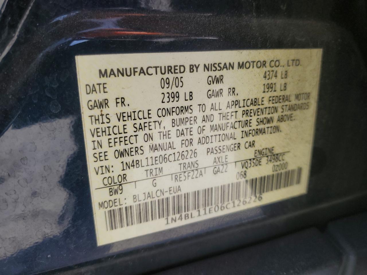 2006 Nissan Altima VIN 1N4BL11E06C126226 Copart auction photo, rear end / minor dent/scratches damage thumbnail 12
