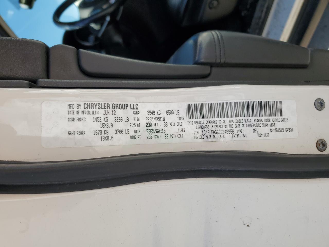 2012 Jeep Grand Cherokee VIN 1C4RJFAG6CC348956 Copart auction photo, rear end / front end damage thumbnail 14