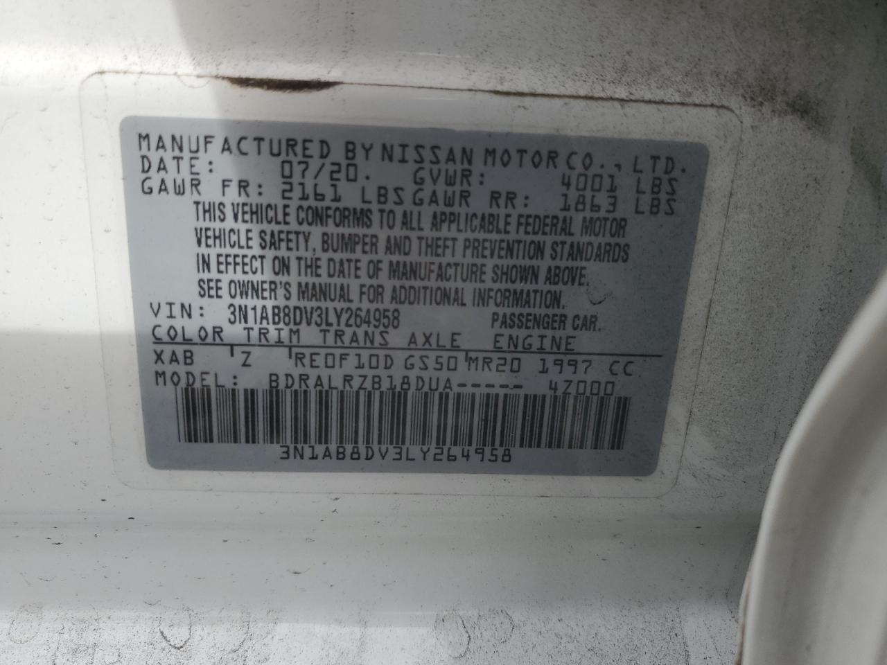 2020 Nissan Sentra VIN 3N1AB8DV3LY264958 Copart auction photo, all over damage thumbnail 12
