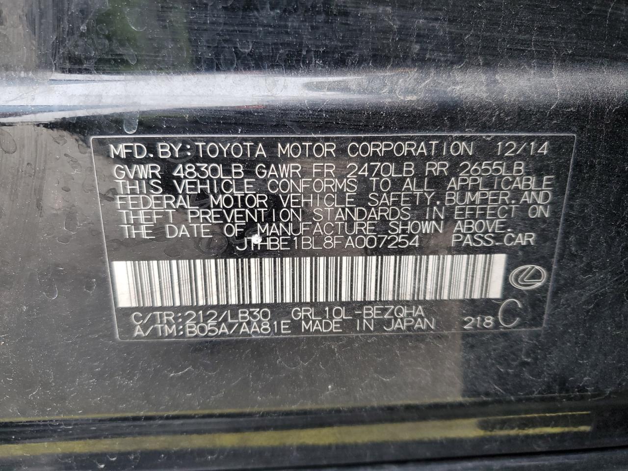 2015 Lexus GS VIN JTHBE1BL8FA007254 Copart auction photo, front end damage thumbnail 12
