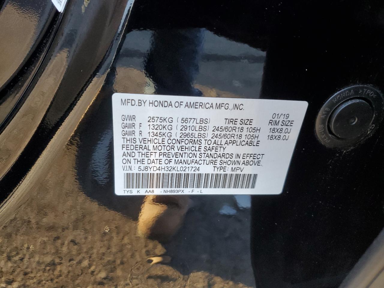 2019 Acura MDX VIN 5J8YD4H32KL021724 Copart auction photo, top/roof damage thumbnail 13
