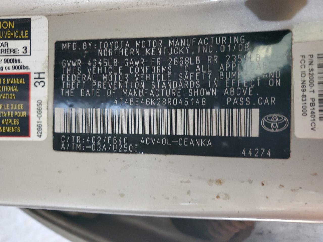 2008 Toyota Camry VIN 4T4BE46K28R045148 Copart auction photo, rear end / side damage thumbnail 12