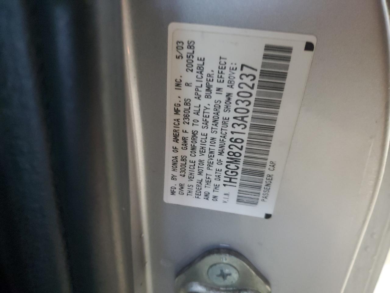 2003 Honda Accord VIN 1HGCM82613A030237 Copart auction photo, side / minor dent/scratches damage thumbnail 12