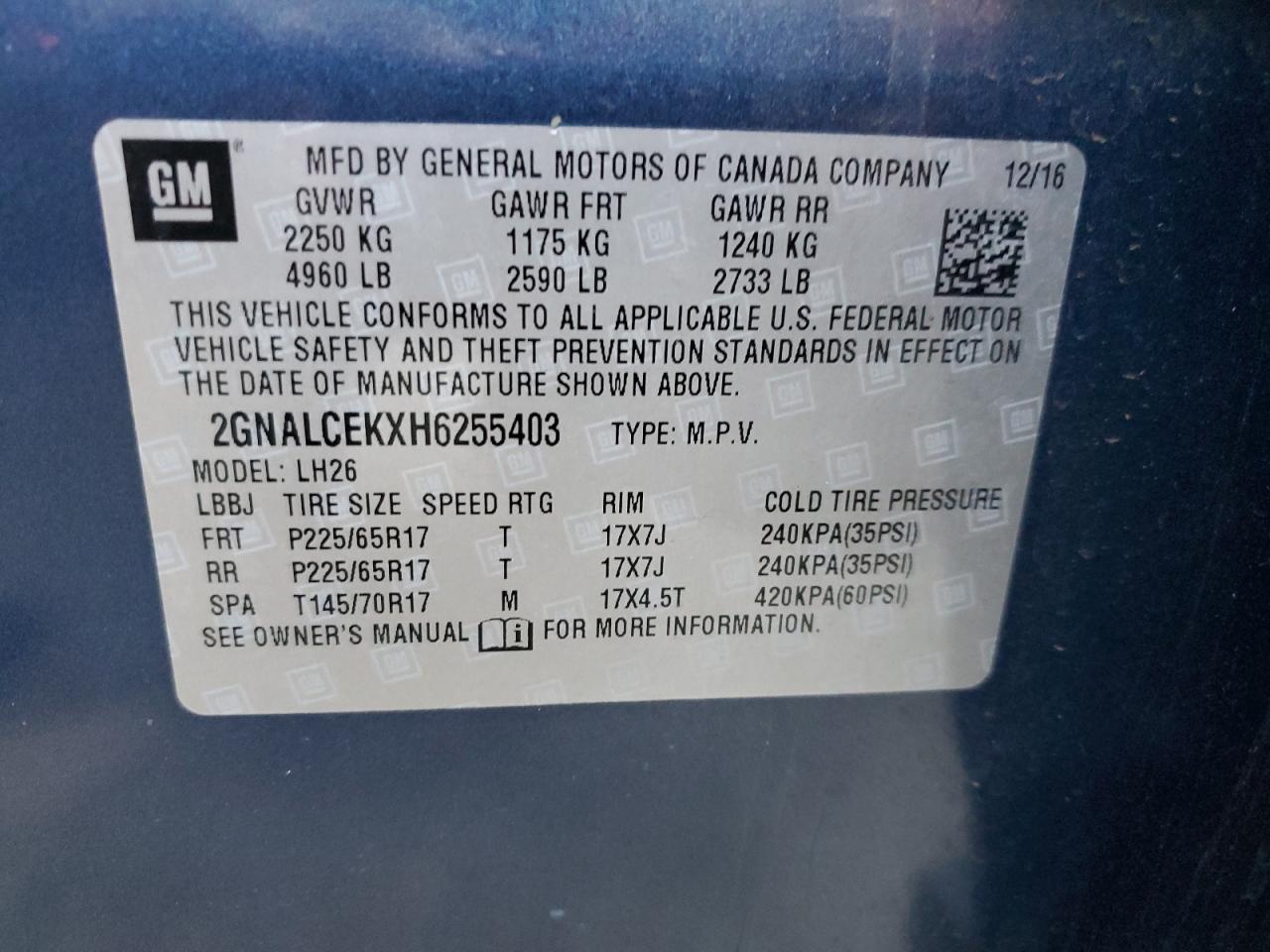 2017 Chevrolet Equinox VIN 2GNALCEKXH6255403 Copart auction photo, side damage thumbnail 14