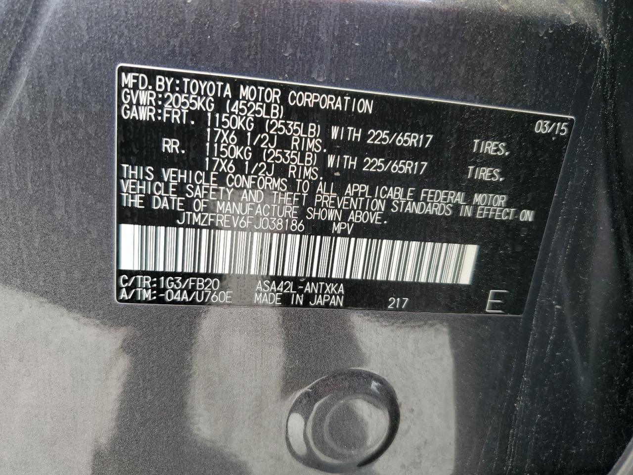 2015 Toyota RAV 4 VIN JTMZFREV6FJ038186 Copart auction photo, rear end / side damage thumbnail 14