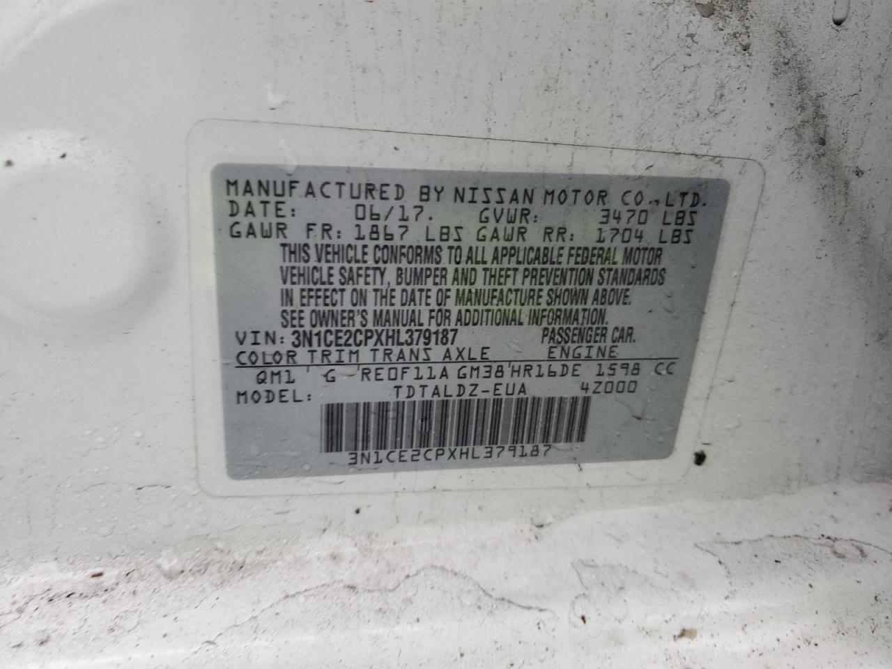 2017 Nissan Versa VIN 3N1CE2CPXHL379187 Copart auction photo, rear end / minor dent/scratches damage thumbnail 14