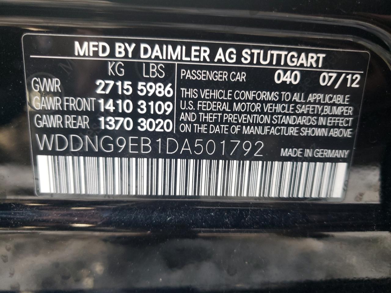 2013 Mercedes-Benz S-klasse VIN WDDNG9EB1DA501792 Copart auction photo, undercarriage / mechanical damage thumbnail 12