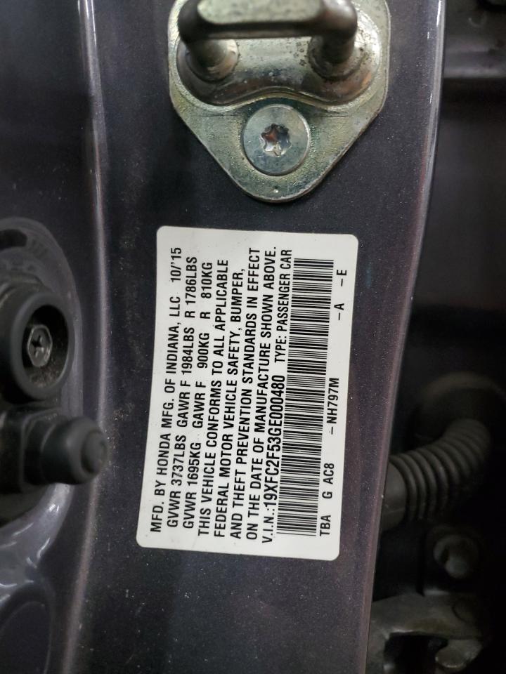 2016 Honda Civic VIN 19XFC2F53GE000480 Copart auction photo, rear end / front end damage thumbnail 12