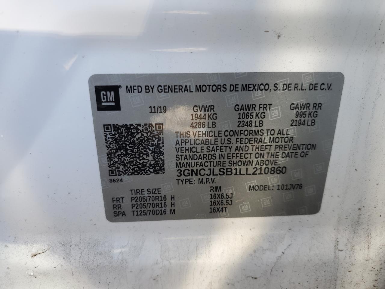 2020 Chevrolet Trax VIN 3GNCJLSB1LL210860 Copart auction photo, front end damage thumbnail 13