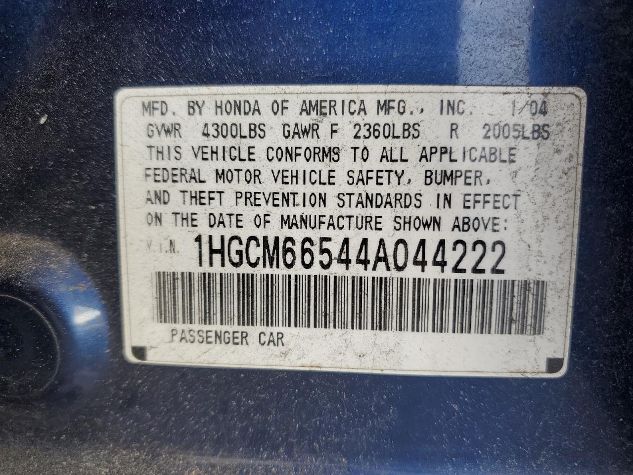 2004 Honda Accord VIN 1HGCM66544A044222 Copart auction photo, rear end / all over damage thumbnail 13
