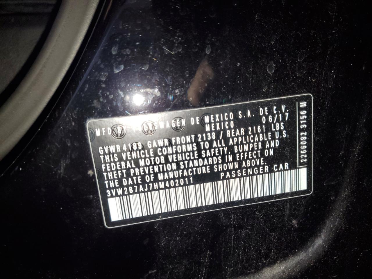 2017 Volkswagen Jetta VIN 3VW2B7AJ7HM402011 Copart auction photo, side / front end damage thumbnail 12
