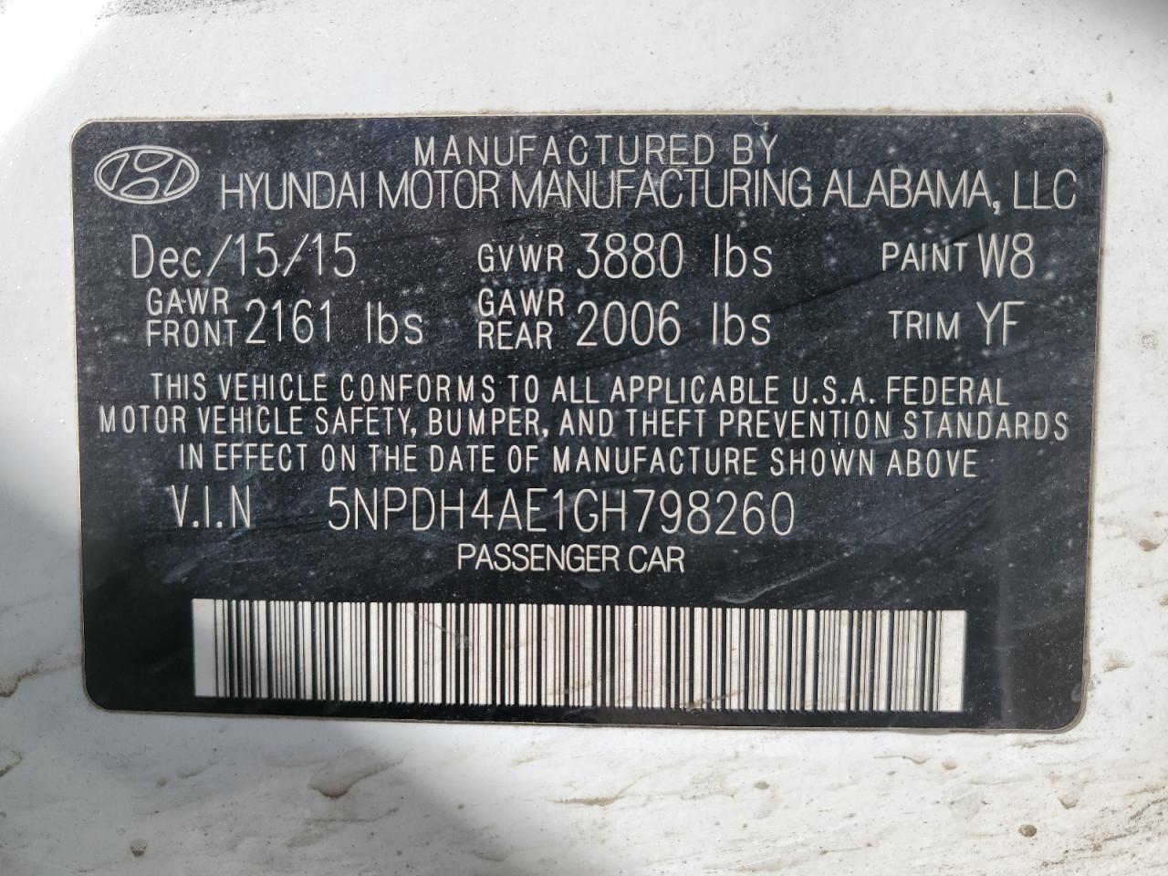 2016 Hyundai Elantra VIN 5NPDH4AE1GH798260 Copart auction photo, front end / minor dent/scratches damage thumbnail 12