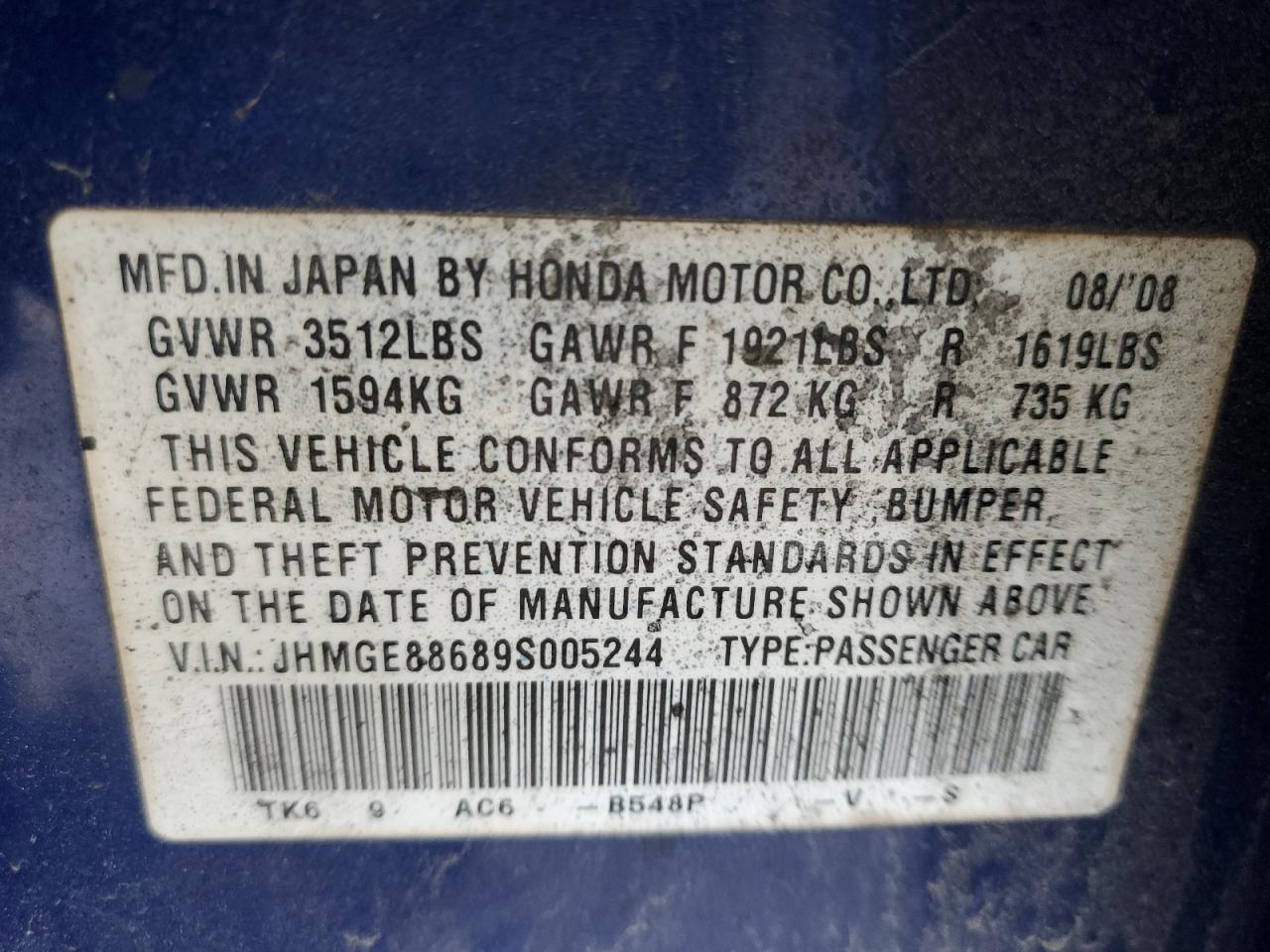 2009 Honda Fit VIN JHMGE88689S005244 Copart auction photo, all over damage thumbnail 14