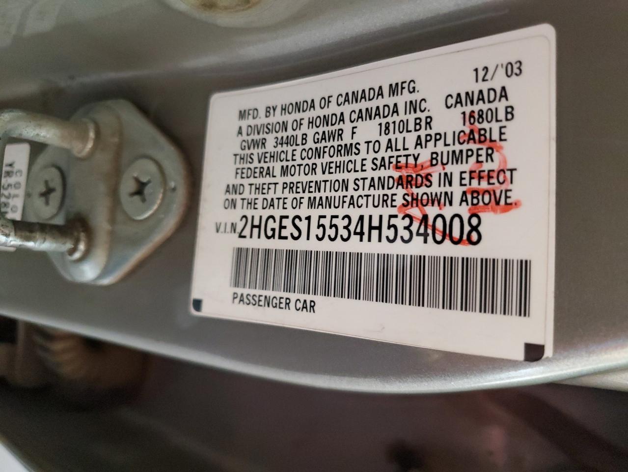 2004 Honda Civic VIN 2HGES15534H534008 Copart auction photo, front end / mechanical damage thumbnail 12