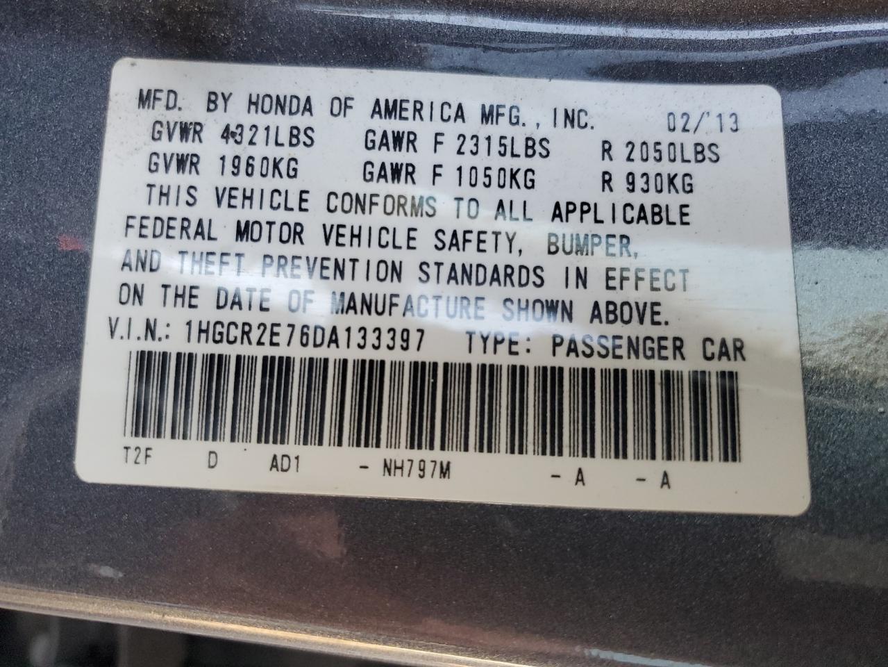 2013 Honda Accord VIN 1HGCR2E76DA133397 Copart auction photo, front end / side damage thumbnail 13