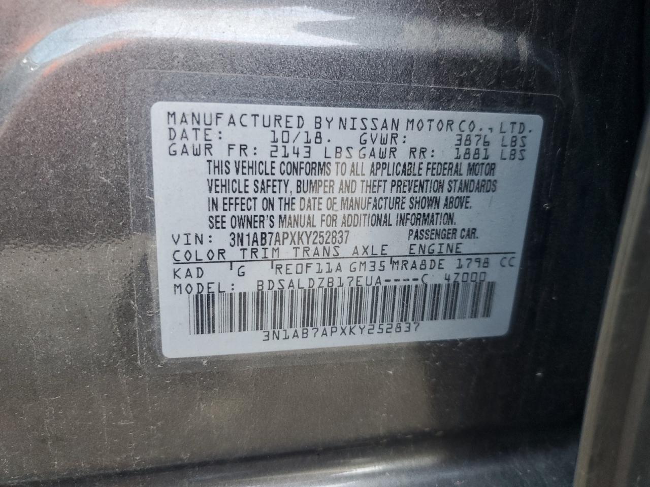 2019 Nissan Sentra VIN 3N1AB7APXKY252837 Copart auction photo, rear end / front end damage thumbnail 12