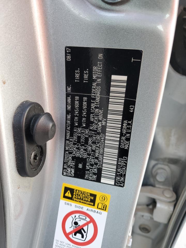 2017 Toyota Highlander VIN 5TDJGRFH8HS034407 Copart auction photo, front end damage thumbnail 13