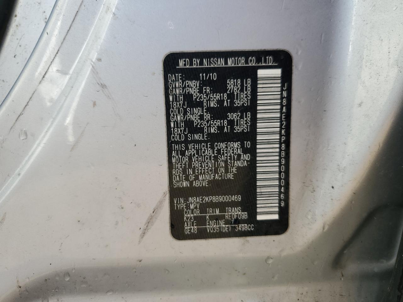 2011 Nissan Quest VIN JN8AE2KP8B9000469 Copart auction photo, front end / side damage thumbnail 13