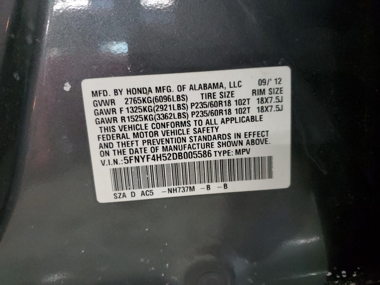 2013 Honda Pilot VIN 5FNYF4H52DB005586 Copart auction photo, minor dent/scratches damage thumbnail 13