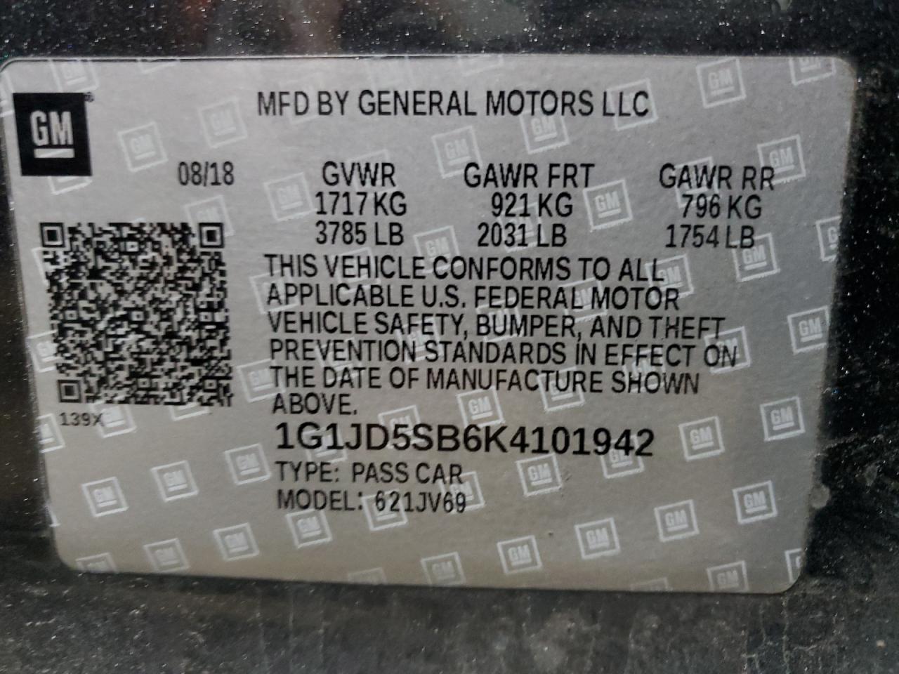 2019 Chevrolet Sonic VIN 1G1JD5SB6K4101942 Copart auction photo, rear end damage thumbnail 12