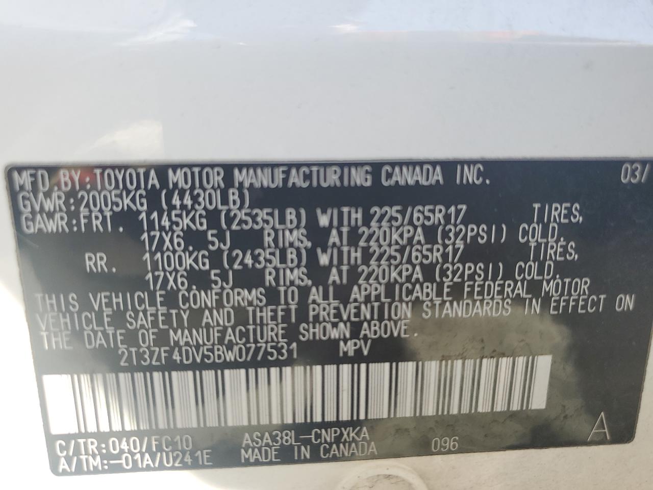 2011 Toyota RAV 4 VIN 2T3ZF4DV5BW077531 Copart auction photo, front end / side damage thumbnail 13