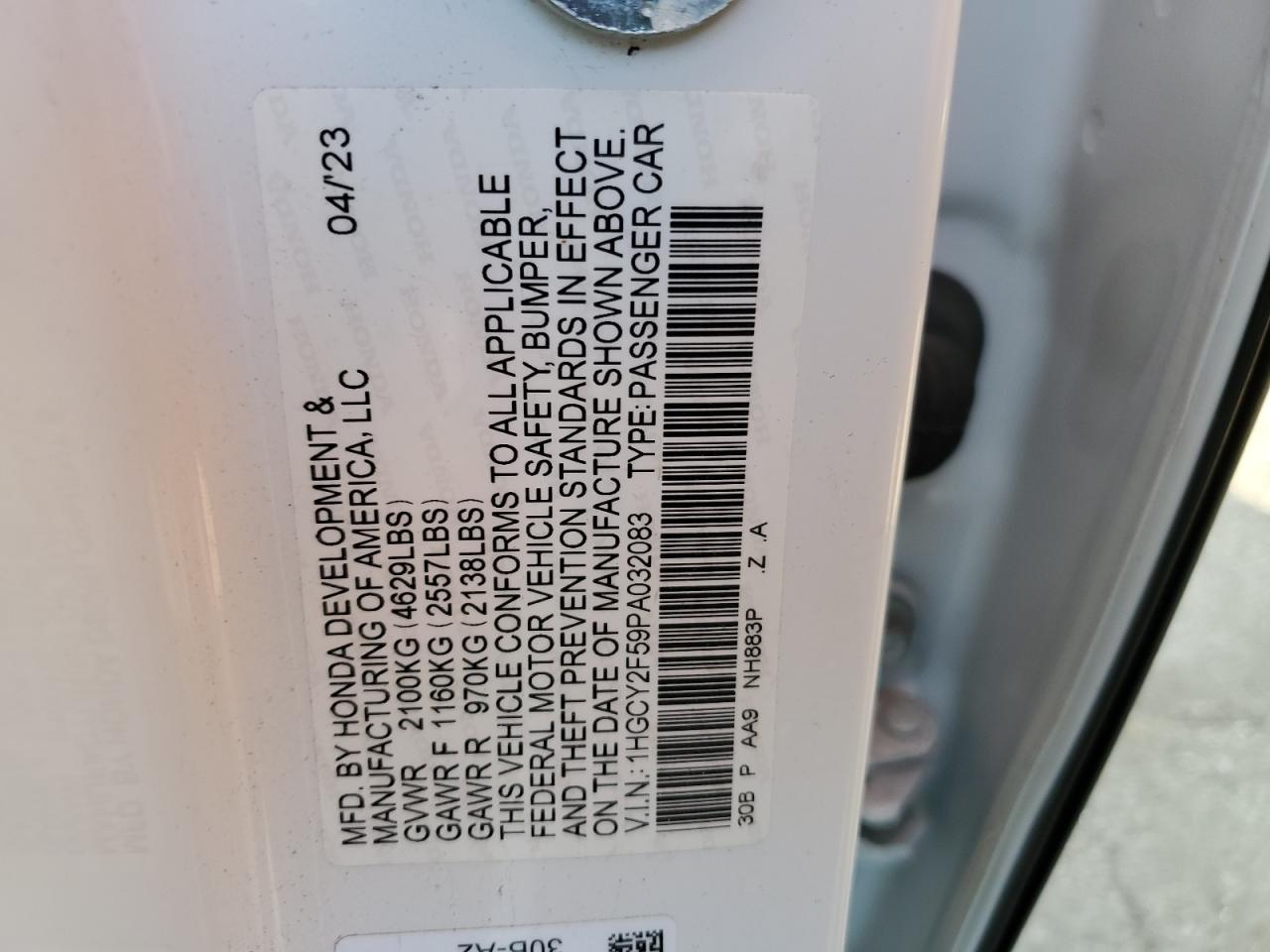 2023 Honda Accord VIN 1HGCY2F59PA032083 Copart auction photo, front end damage thumbnail 12