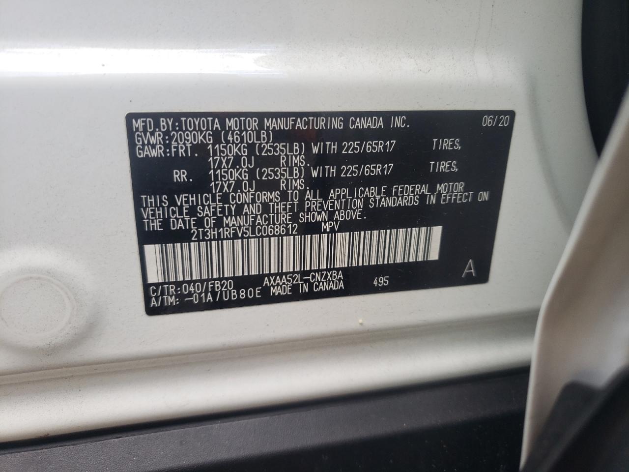 2020 Toyota RAV 4 VIN 2T3H1RFV5LC068612 Copart auction photo, front end damage thumbnail 14