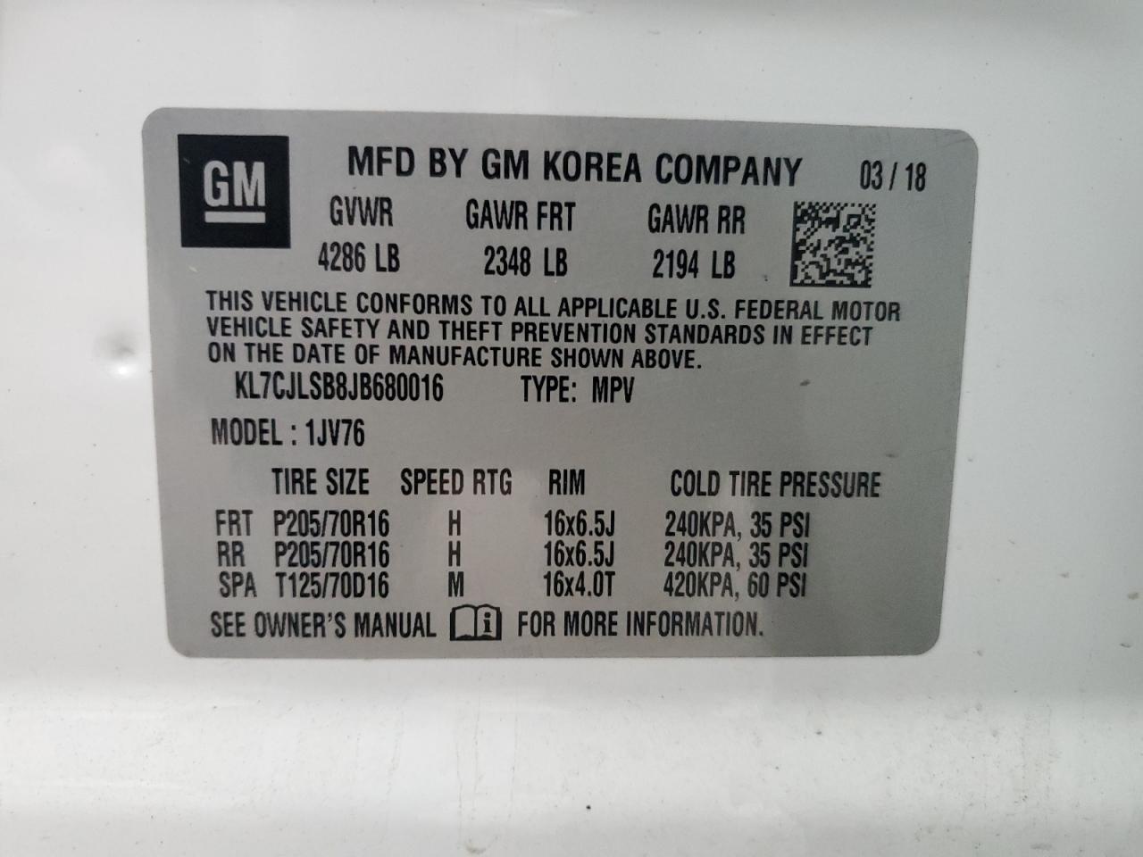 2018 Chevrolet Trax VIN KL7CJLSB8JB680016 Copart auction photo, top/roof damage thumbnail 12