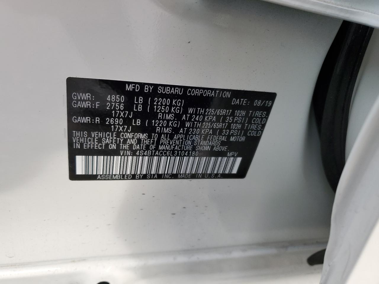 2020 Subaru Outback VIN 4S4BTACC6L3104180 Copart auction photo, front end damage thumbnail 14