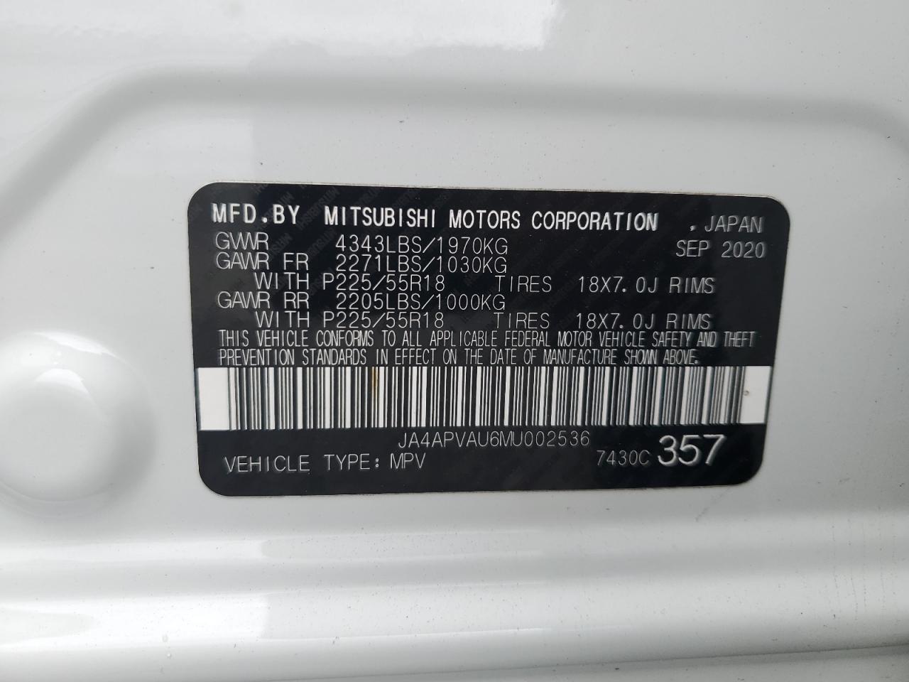 2021 Mitsubishi Outlander VIN JA4APVAU6MU002536 Copart auction photo, rear end / partial repair damage thumbnail 14
