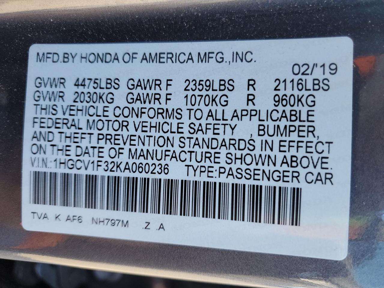 2019 Honda Accord VIN 1HGCV1F32KA060236 Copart auction photo, front end / minor dent/scratches damage thumbnail 12