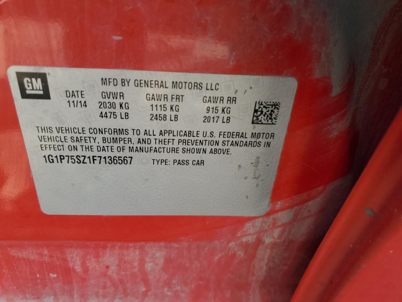 2015 Chevrolet Cruze VIN 1G1P75SZ1F7136567 Copart auction photo, rear end damage thumbnail 12