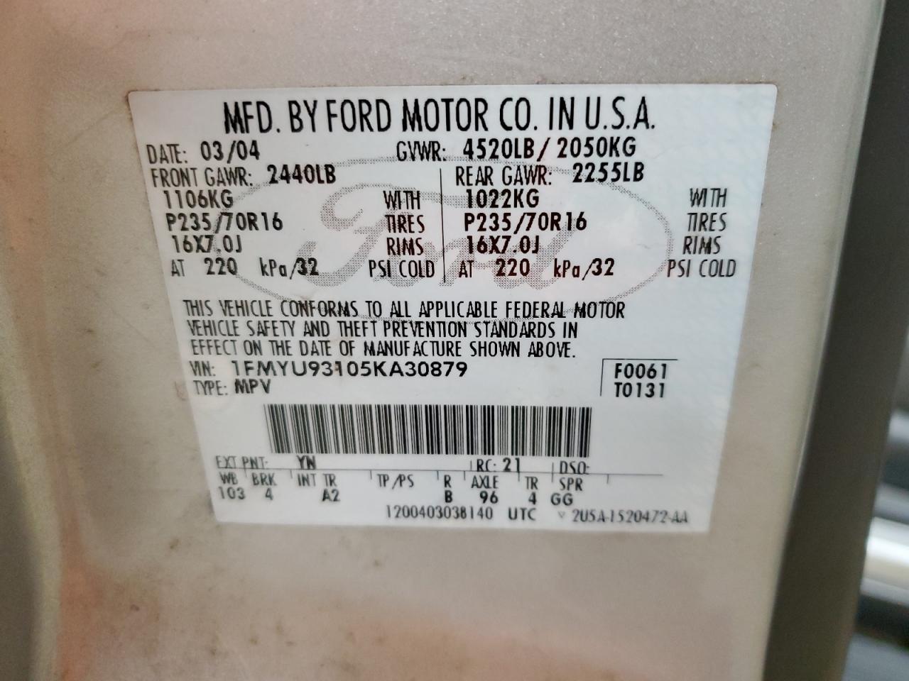 2005 Ford Escape VIN 1FMYU93105KA30879 Copart auction photo, rear end / undercarriage damage thumbnail 15