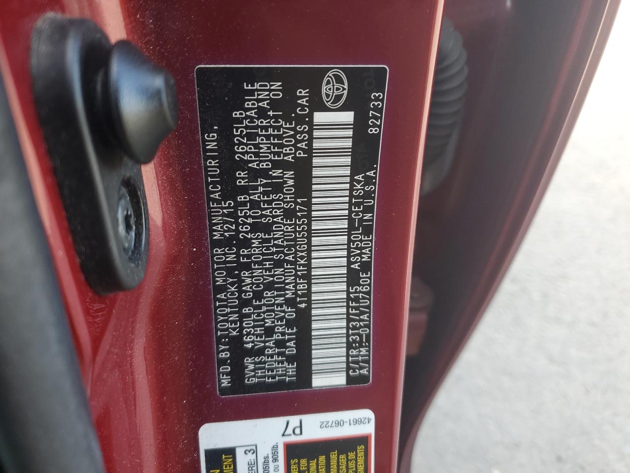 2016 Toyota Camry VIN 4T1BF1FKXGU555171 Copart auction photo, rear end damage thumbnail 12