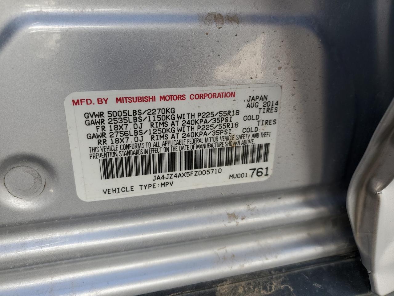 2015 Mitsubishi Outlander VIN JA4JZ4AX5FZ005710 Copart auction photo, side / undercarriage damage thumbnail 15
