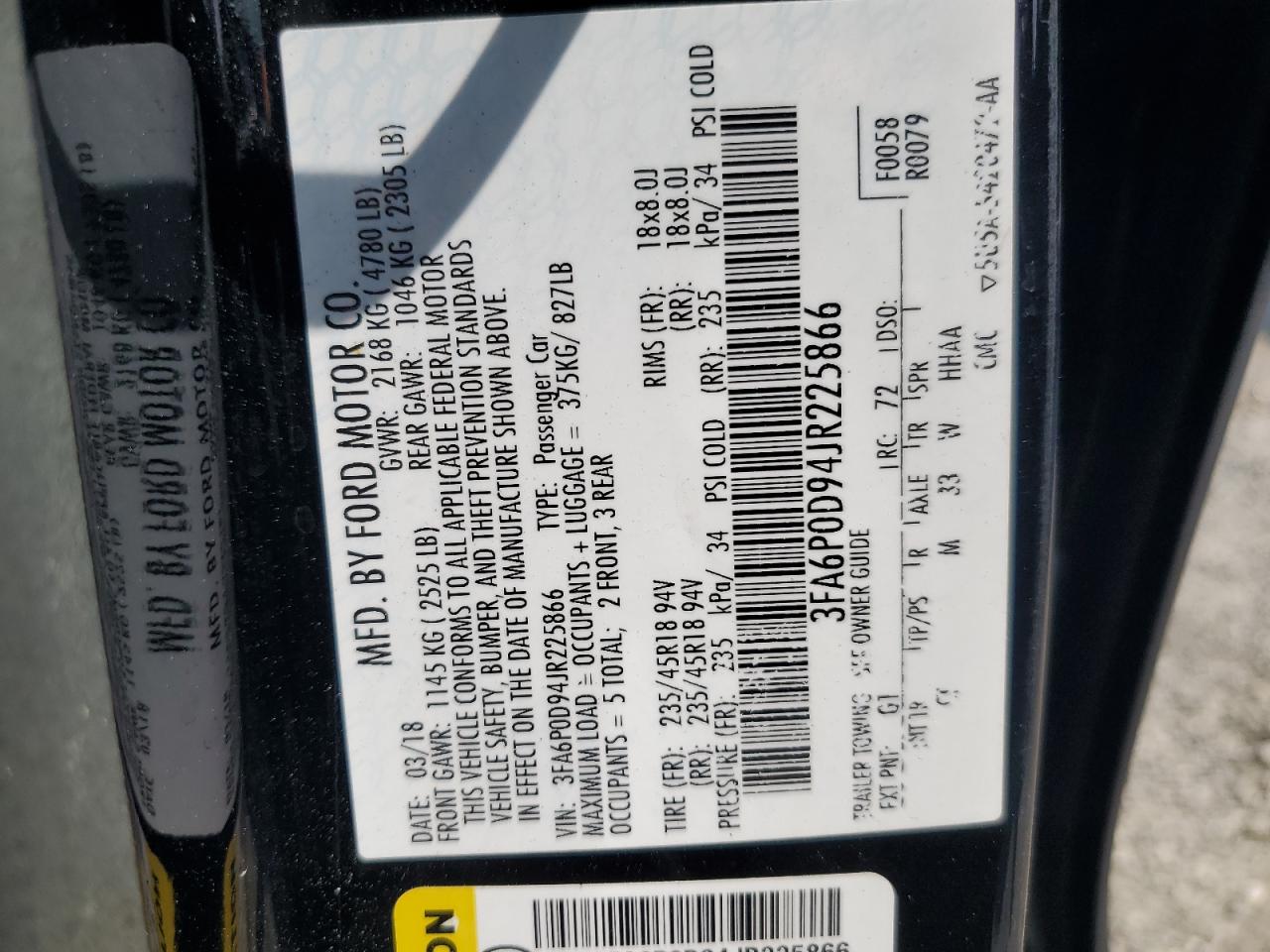 2018 Ford Fusion VIN 3FA6P0D94JR225866 Copart auction photo, rear end damage thumbnail 12