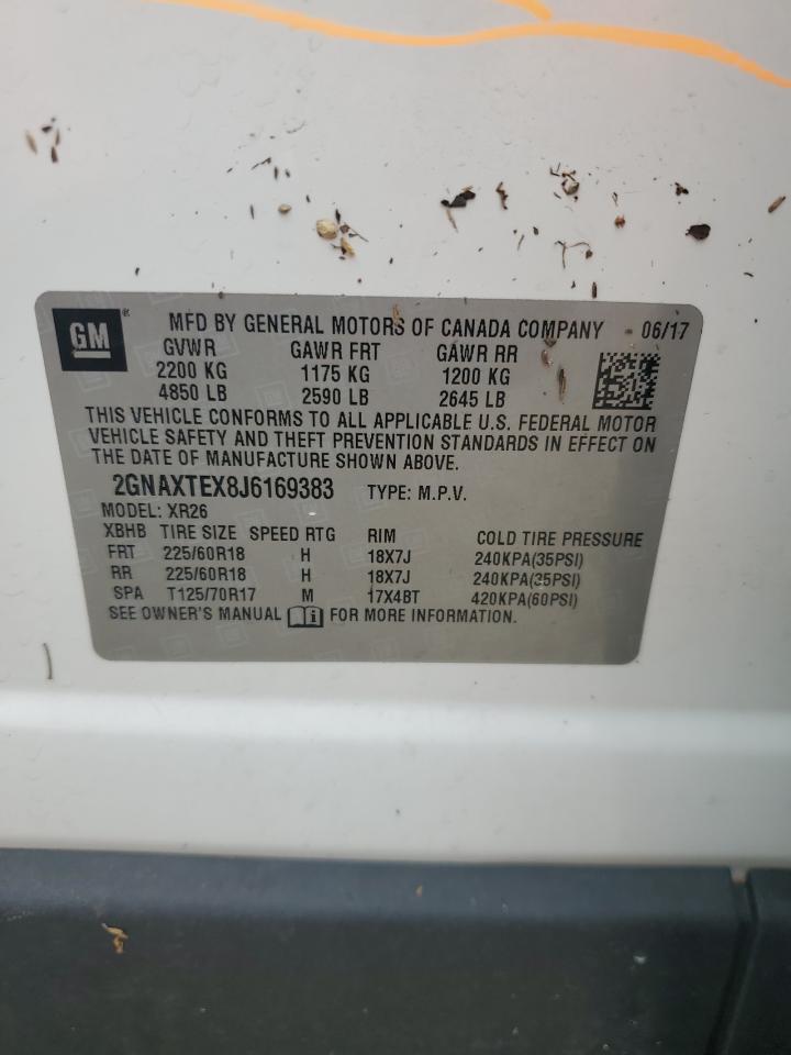 2018 Chevrolet Equinox VIN 2GNAXTEX8J6169383 Copart auction photo, water/flood damage thumbnail 14